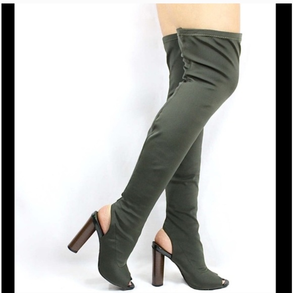 Olive Green Over the Knee Sock Boots NEW - Picture 2 of 4